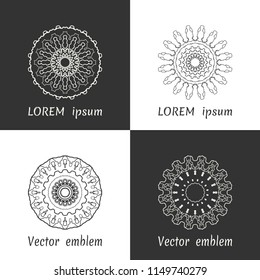 Vector set of line logo design templates. Black and white geometric mandala ornaments in trendy linear style for luxury products, organic cosmetics packaging