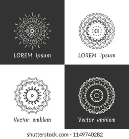 Vector set of line logo design templates. Black and white geometric mandala ornaments in trendy linear style for luxury products, organic cosmetics packaging