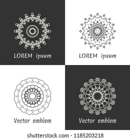 Vector set of line logo design templates. Black and white geometric mandala ornaments in trendy linear style for luxury products, organic cosmetics packaging