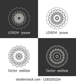 Vector set of line logo design templates. Black and white geometric mandala ornaments in trendy linear style for luxury products, organic cosmetics packaging