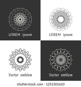 Vector set of line logo design templates. Black and white geometric mandala ornaments in trendy linear style for luxury products, organic cosmetics packaging