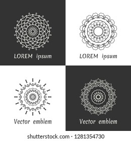 Vector set of line logo design templates. Black and white geometric mandala ornaments in trendy linear style for luxury products, organic cosmetics packaging
