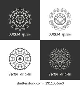 Vector set of line logo design templates. Black and white geometric mandala ornaments in trendy linear style for luxury products, organic cosmetics packaging