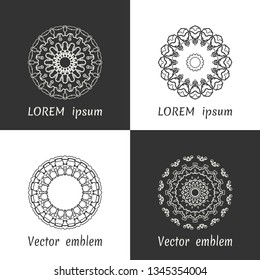 Vector set of line logo design templates. Black and white geometric mandala ornaments in trendy linear style for luxury products, organic cosmetics packaging