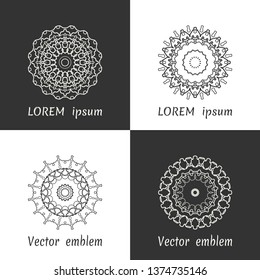 Vector set of line logo design templates. Black and white geometric mandala ornaments in trendy linear style for luxury products, organic cosmetics packaging