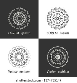 Vector set of line logo design templates. Black and white geometric mandala ornaments in trendy linear style for luxury products, organic cosmetics packaging