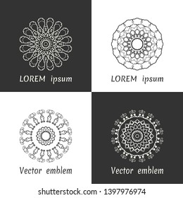 Vector set of line logo design templates. Black and white geometric mandala ornaments in trendy linear style for luxury products, organic cosmetics packaging