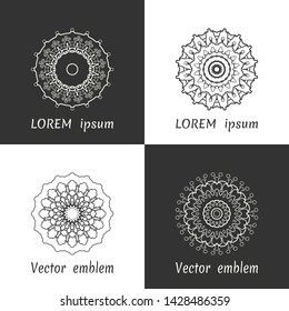 Vector set of line logo design templates. Black and white geometric mandala ornaments in trendy linear style for luxury products, organic cosmetics packaging