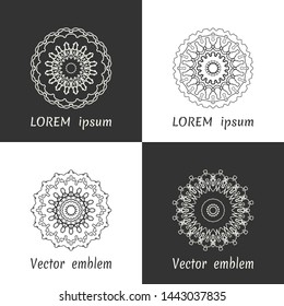 Vector set of line logo design templates. Black and white geometric mandala ornaments in trendy linear style for luxury products, organic cosmetics packaging