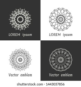 Vector set of line logo design templates. Black and white geometric mandala ornaments in trendy linear style for luxury products, organic cosmetics packaging