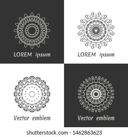 Vector set of line logo design templates. Black and white geometric mandala ornaments in trendy linear style for luxury products, organic cosmetics packaging