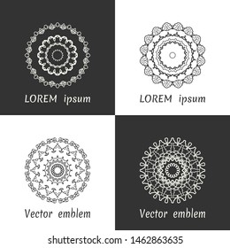 Vector set of line logo design templates. Black and white geometric mandala ornaments in trendy linear style for luxury products, organic cosmetics packaging