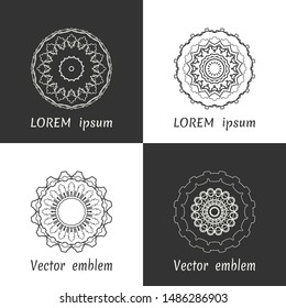 Vector set of line logo design templates. Black and white geometric mandala ornaments in trendy linear style for luxury products, organic cosmetics packaging