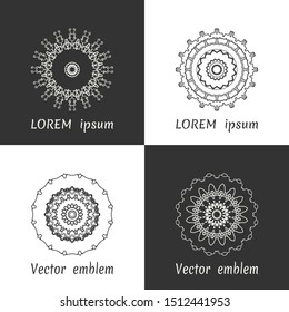 Vector set of line logo design templates. Black and white geometric mandala ornaments in trendy linear style for luxury products, organic cosmetics packaging