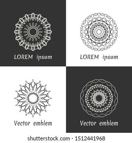 Vector set of line logo design templates. Black and white geometric mandala ornaments in trendy linear style for luxury products, organic cosmetics packaging