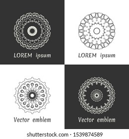 Vector set of line logo design templates. Black and white geometric mandala ornaments in trendy linear style for luxury products, organic cosmetics packaging
