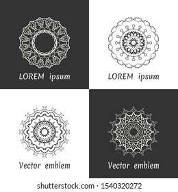 Vector set of line logo design templates. Black and white geometric mandala ornaments in trendy linear style for luxury products, organic cosmetics packaging