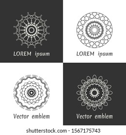 Vector set of line logo design templates. Black and white geometric mandala ornaments in trendy linear style for luxury products, organic cosmetics packaging