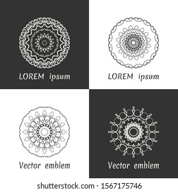 Vector set of line logo design templates. Black and white geometric mandala ornaments in trendy linear style for luxury products, organic cosmetics packaging