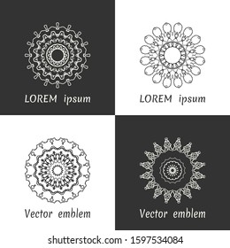 Vector set of line logo design templates. Black and white geometric mandala ornaments in trendy linear style for luxury products, organic cosmetics packaging