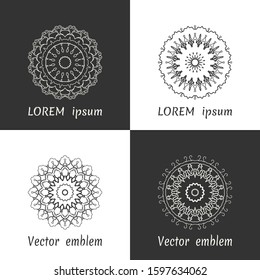 Vector set of line logo design templates. Black and white geometric mandala ornaments in trendy linear style for luxury products, organic cosmetics packaging