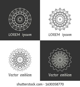 Vector set of line logo design templates. Black and white geometric mandala ornaments in trendy linear style for luxury products, organic cosmetics packaging