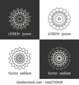 Vector set of line logo design templates. Black and white geometric mandala ornaments in trendy linear style for luxury products, organic cosmetics packaging