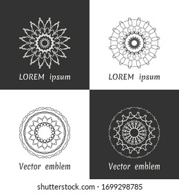 Vector set of line logo design templates. Black and white geometric mandala ornaments in trendy linear style for luxury products, organic cosmetics packaging
