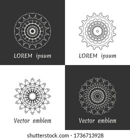 Vector set of line logo design templates. Black and white geometric mandala ornaments in trendy linear style for luxury products, organic cosmetics packaging