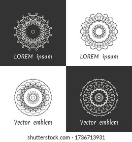 Vector set of line logo design templates. Black and white geometric mandala ornaments in trendy linear style for luxury products, organic cosmetics packaging