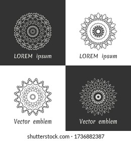 Vector set of line logo design templates. Black and white geometric mandala ornaments in trendy linear style for luxury products, organic cosmetics packaging