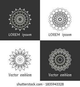 Vector set of line logo design templates. Black and white geometric mandala ornaments in trendy linear style for luxury products, organic cosmetics packaging