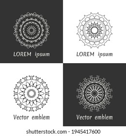 Vector set of line logo design templates. Black and white geometric mandala ornaments in trendy linear style for luxury products, organic cosmetics packaging