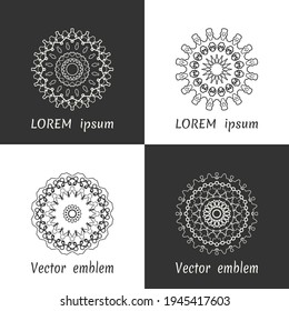 Vector set of line logo design templates. Black and white geometric mandala ornaments in trendy linear style for luxury products, organic cosmetics packaging