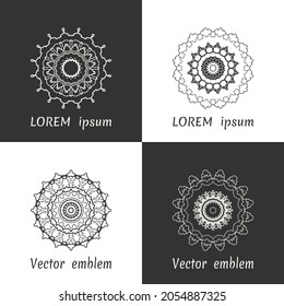 Vector set of line logo design templates. Black and white geometric mandala ornaments in trendy linear style for luxury products, organic cosmetics packaging
