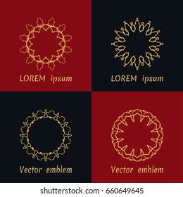 Vector set of line logo design templates and monogram frames. Golden mandala ornaments in trendy linear style on black and red background for luxury products, organic cosmetics packaging