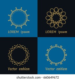 Vector set of line logo design templates and monogram frames. Golden mandala ornaments in trendy linear style on black and blue background for luxury products, organic cosmetics packaging