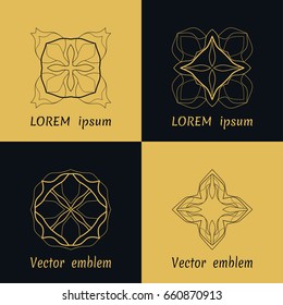 Vector set of line logo design templates and monogram frames. Golden and black geometric ornaments in trendy linear style for luxury products, organic cosmetics packaging