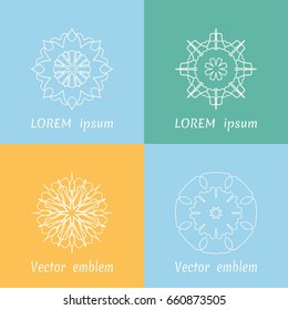 Vector set of line logo design templates. Geometric mandala ornaments in trendy linear style on light colors background for luxury products, organic cosmetics packaging