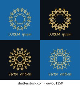 Vector set of line logo design templates and monogram frames. Golden mandala ornaments in trendy linear style on black and blue background for luxury products, organic cosmetics packaging
