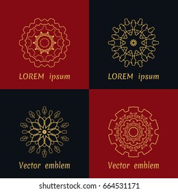 Vector set of line logo design templates. Golden mandala ornaments in trendy linear style on black and red background for luxury products, organic cosmetics packaging