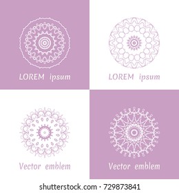 Vector set of line logo design templates. Geometric mandala ornaments in trendy linear style on light colors background for luxury products, organic cosmetics packaging