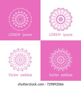 Vector set of line logo design templates. Geometric mandala ornaments in trendy linear style on light colors background for luxury products, organic cosmetics packaging