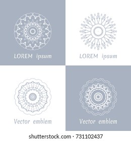 Vector set of line logo design templates. Geometric mandala ornaments in trendy linear style on light colors background for luxury products, organic cosmetics packaging