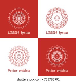 Vector set of line logo design templates. Geometric mandala ornaments in trendy linear style on light colors background for luxury products, organic cosmetics packaging