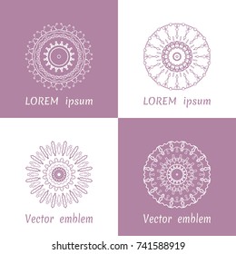 Vector set of line logo design templates. Geometric mandala ornaments in trendy linear style on light colors background for luxury products, organic cosmetics packaging
