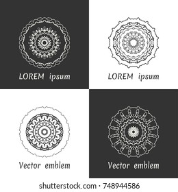Vector set of line logo design templates. Black and white geometric mandala ornaments in trendy linear style for luxury products, organic cosmetics packaging