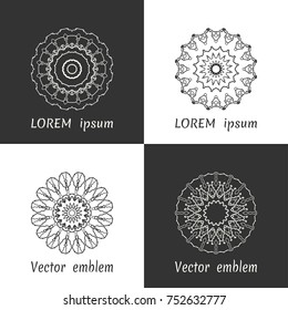 Vector set of line logo design templates. Black and white geometric mandala ornaments in trendy linear style for luxury products, organic cosmetics packaging