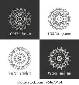 Vector set of line logo design templates. Black and white geometric mandala ornaments in trendy linear style for luxury products, organic cosmetics packaging