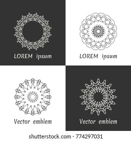 Vector set of line logo design templates. Black and white geometric mandala ornaments in trendy linear style for luxury products, organic cosmetics packaging